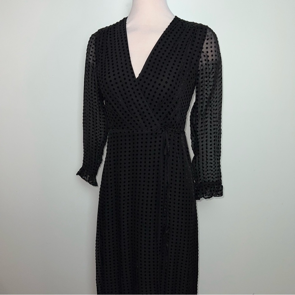 Whistles Black Flocked Polka Dot Wrap Midi Dress US 4 - Picture 5 of 15